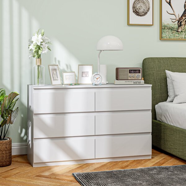 Comò Cassettiera 6 Cassetti 120x39x75 cm con Maniglie a Gola in Legno Bianco