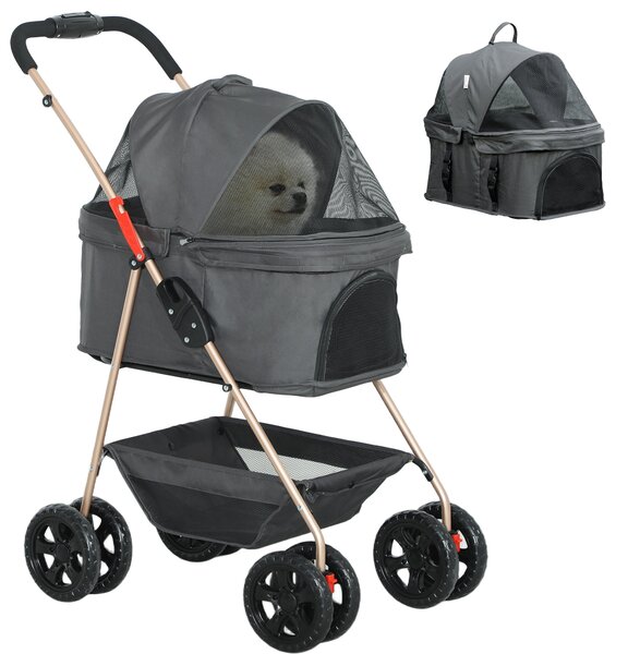 Passeggino per Cani 3 in 1 Pieghevole con Cestino Inferiore Grigio