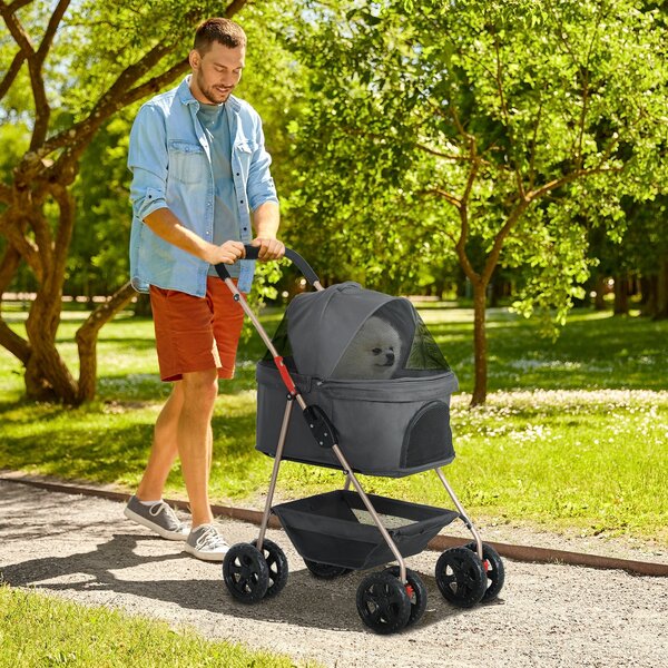 Passeggino per Cani 3 in 1 Pieghevole con Cestino Inferiore Grigio