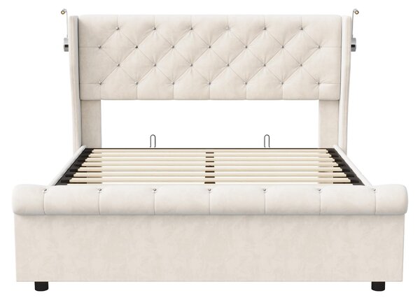 Letto contenitore - Letto con spazio contenitore - 140 x 190 cm - Beige - Rivestito in velluto - Meccanismo a gas per l'apertura dello spazio contenitore - Testiera imbottita con dettagli a bottoni - Materasso non incluso