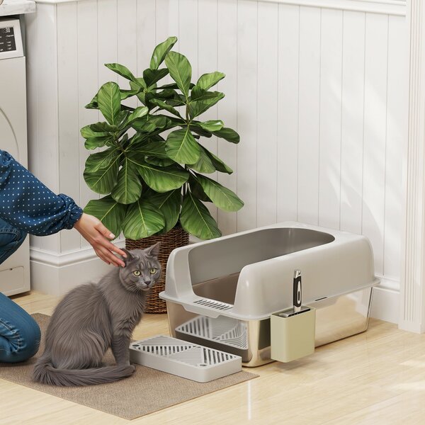 Lettiera per Gatti con Gradino 60,2x40,6x29 cm in Acciaio Inox e ABS Grigio Chiaro