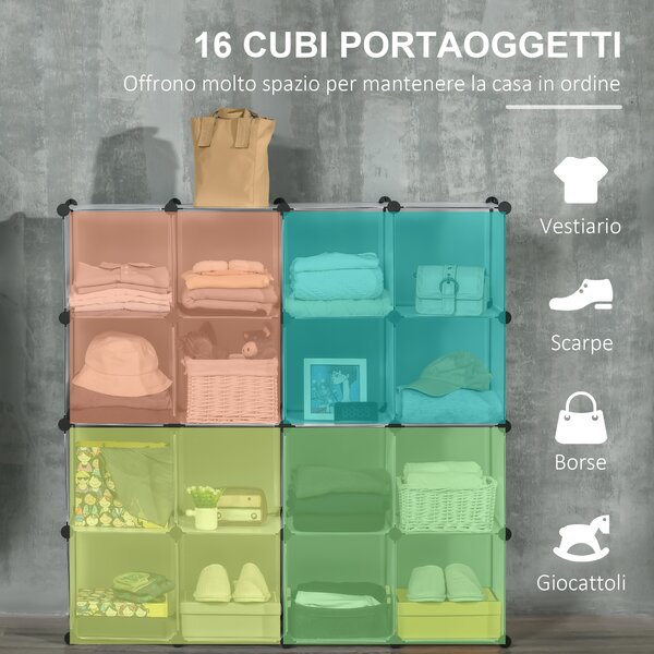 HOMCOM Scarpiera Modulare Trasparente, Salvaspazio, 16 Cubi 30x30x30cm, Plastica PP e Acciaio, 125x32x125cm - Trasparente|Aosom