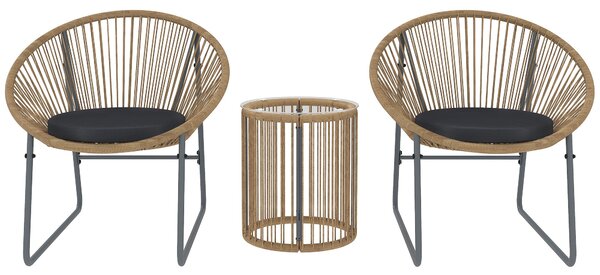 Set da Giardino 3 Pezzi con 2 Sedie con Cuscini e Tavolino a Cilindro con Piano in Vetro in Rattan PE Legno e Nero