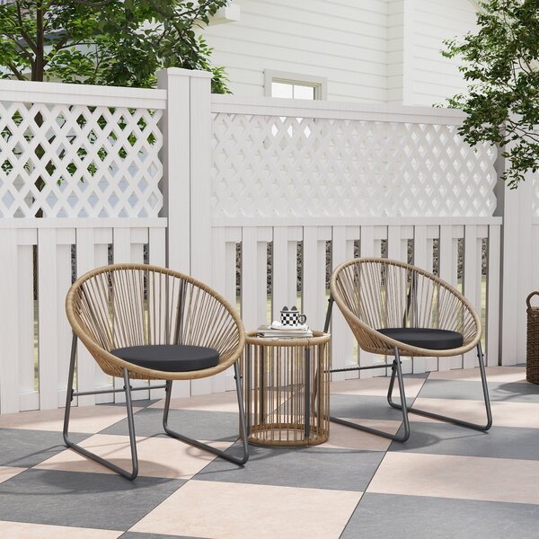 Set da Giardino 3 Pezzi con 2 Sedie con Cuscini e Tavolino a Cilindro con Piano in Vetro in Rattan PE Legno e Nero