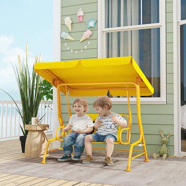 Dondolo per Bambini da Giardino a 2 Posti 112x75x120 cm con Cinture di Sicurezza Giallo