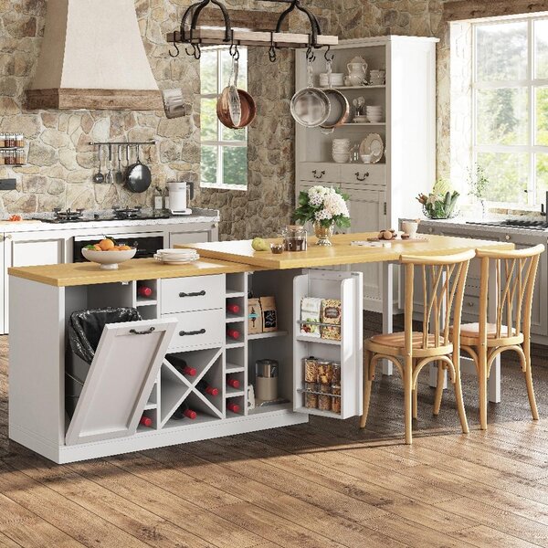 Isola da cucina con tavolo allungabile, dimensioni 120–223x40x73.8 cm, realizzata in MDF e metallo, colore bianco con finitura effetto legno di quercia, e dotata di spazio contenitivo per cucina e sala da pranzo