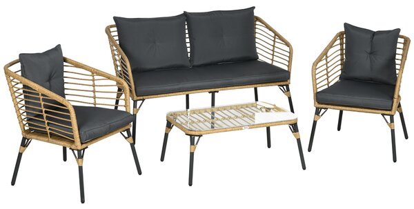 Set da Giardino 4 Pezzi con 2 Sedie Divano e Tavolino in Rattan PE e Acciaio Marrone Nero e Grigio