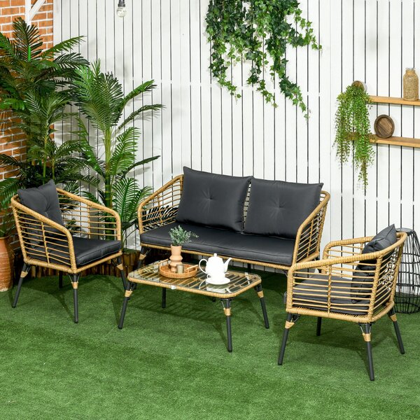 Set da Giardino 4 Pezzi con 2 Sedie Divano e Tavolino in Rattan PE e Acciaio Marrone Nero e Grigio