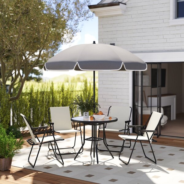 Set da Giardino 6 Pezzi con 4 Sedie Pieghevoli Ombrellone e Tavolo Rotondo Crema Grigio e Nero