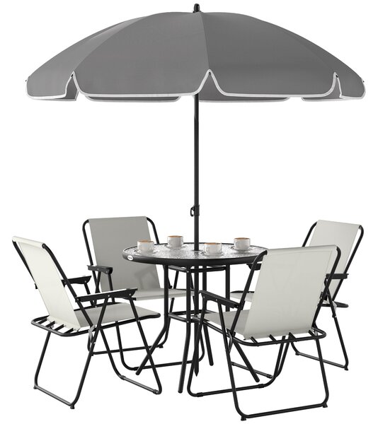 Set da Giardino 6 Pezzi con 4 Sedie Pieghevoli Ombrellone e Tavolo Rotondo Crema Grigio e Nero