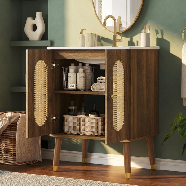 Mobile lavabo da 61 cm con finitura effetto noce, dotato di lavabo in Vetroceramica, inserti in rattan e due ripiani fissi, da posizionare a pavimento nel bagno