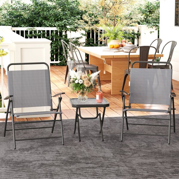 Set da Giardino 3 Pezzi Tavolo con Piano in Vetro e 2 Sedie Pieghevoli Grigio