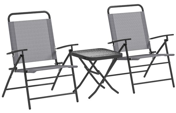 Set da Giardino 3 Pezzi Tavolo con Piano in Vetro e 2 Sedie Pieghevoli Grigio