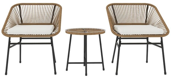 Set da Giardino 3 Pezzi 2 Sedie e Tavolino con Piano in Vetro in Rattan PE Legno Naturale Beige e Nero