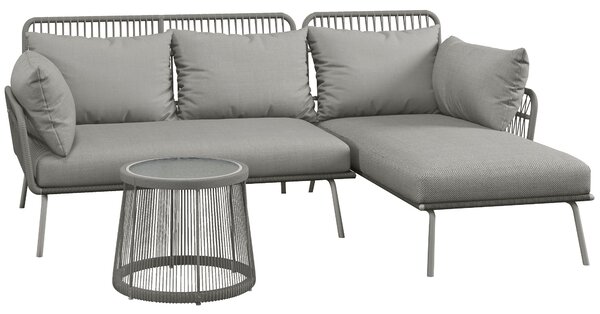Set da Giardino 3 Pezzi in Stile Boho Divano 2 Posti Chaise Longue e Tavolino in Rattan PE Grigio Chiaro