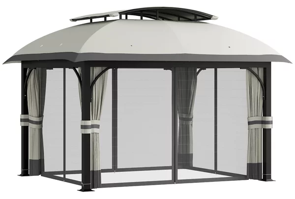 Gazebo da Giardino 395x330x294 cm con Zanzariere e Doppio Tetto in Metallo e Poliestere Grigio Chiaro