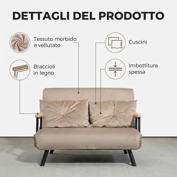 DecHome Divano Letto Clic-Clac 2 Posti Moderno in Velluto Dimensioni 102x73x81 cm colore Marrone Chiaro