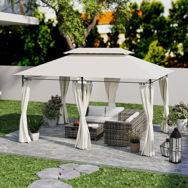 Gazebo da Giardino 397x297x265 cm con Tende Rimovibili e Struttura in Metallo Crema