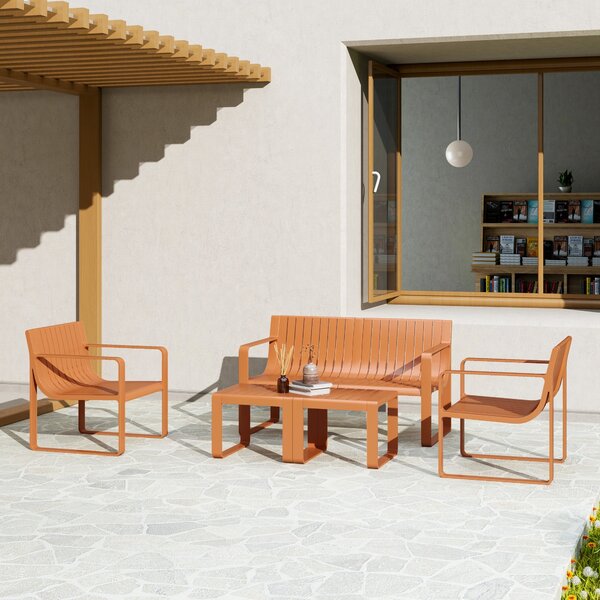 Set da Giardino 5 Pezzi con Divanetto 2 Poltroncine e 2 Tavolini in Polipropilene a Doghe Arancione