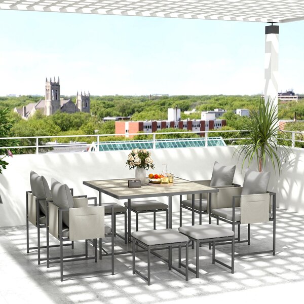 Set da Giardino 9 Pezzi Tavolo da Pranzo 4 Sedie e 4 Sgabelli Grigio