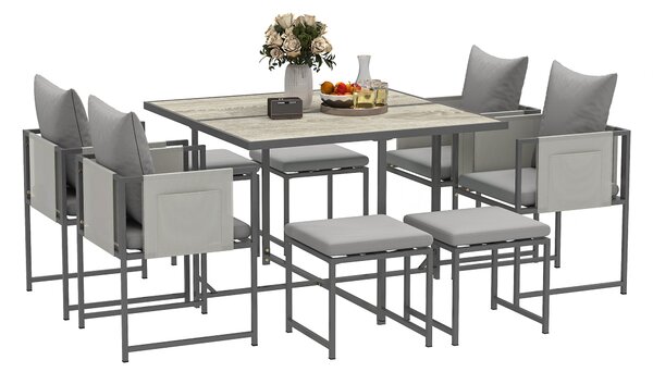 Set da Giardino 9 Pezzi Tavolo da Pranzo 4 Sedie e 4 Sgabelli Grigio
