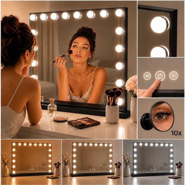 Specchio da trucco LED Hollywood in metallo 80x62 cm - 3 toni di luce, USB, Nero