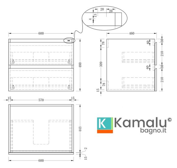 Mobile bagno 60 con lavabo integrato legno chiaro | KAM-HR60 - KAMALU