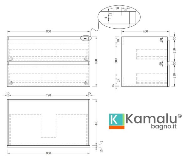 Kamalu mobile bagno 80 cm lavabo integrato legno chiaro | kam-hr80