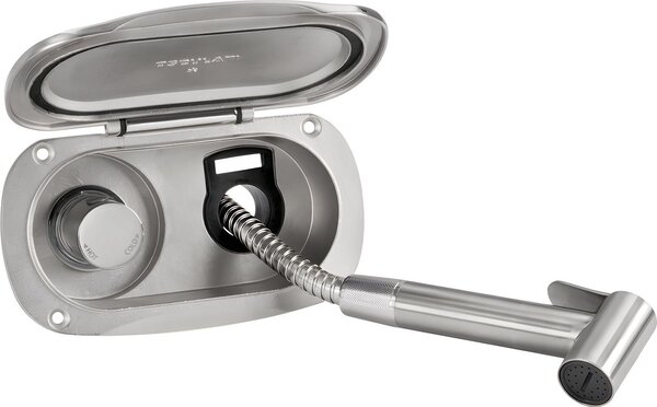 Doccia esterna Premium Elissa, con soffione e miscelatore in acciaio inox Tiger, doccia per l'area esterna di barche, camper, motorhome, case estive e molto altro. Dimensioni: tubo flessibile in acciaio inox - 2,5 m