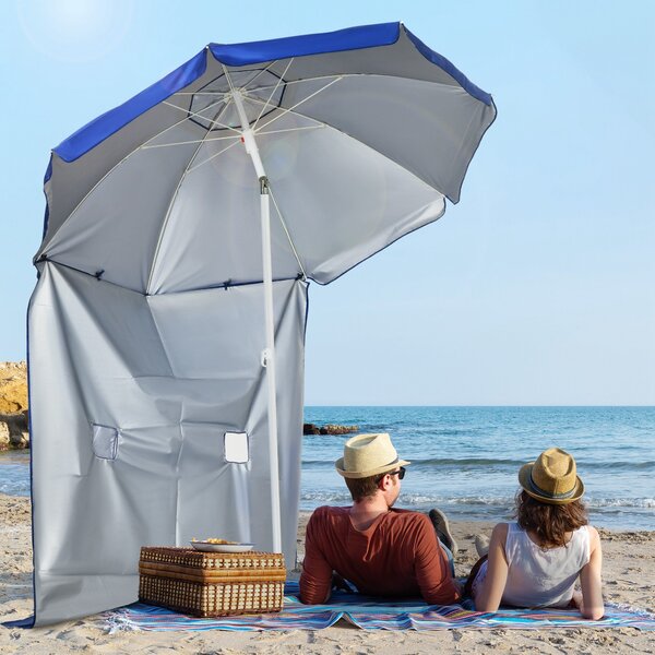 Ombrellone da Spiaggia Inclinabile con Tendine Laterali Ø191x211 cm in Poliestere e Acciaio Blu e Bianco