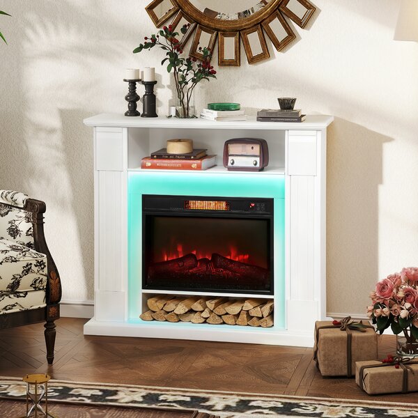 Camino Elettrico da Pavimento 105x27x97 cm 1800W Regolabile con Fiamma 3D Timer e Telecomando Bianco