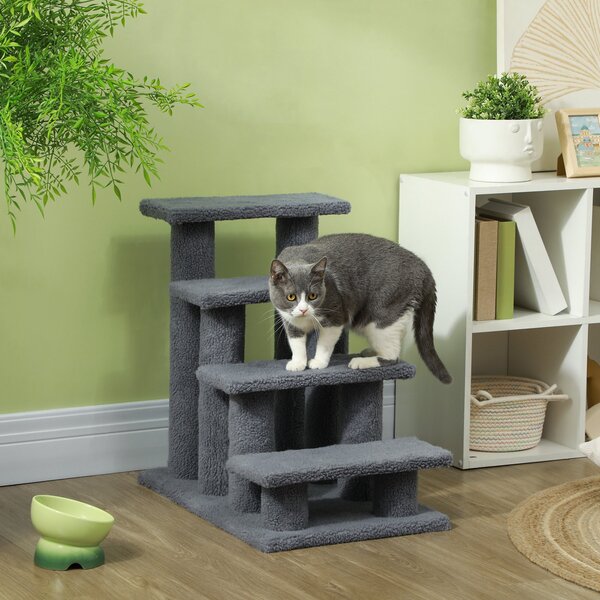 Scaletta per Gatti a 4 Gradini 61x41x60 cm con Rivestimento in Peluche Grigio