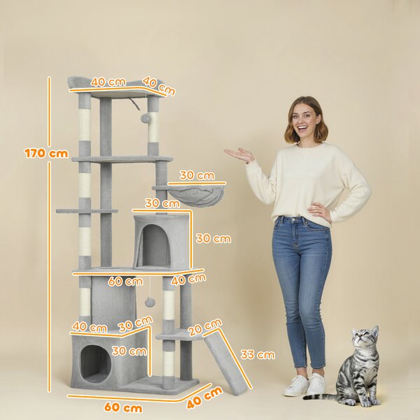 PawHut Albero Tiragraffi per Gatti con 2 Casette, Amaca, Tunnel, e Lettino, Pali in Sisal, 60x40x170 cm, Grigio | Aosom Italy