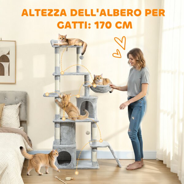 PawHut Albero Tiragraffi per Gatti con 2 Casette, Amaca, Tunnel, e Lettino, Pali in Sisal, 60x40x170 cm, Grigio | Aosom Italy
