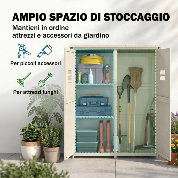 Outsunny Casetta da Giardino con Porta Doppia e Tetto inclinato, Mensole e Finestre, in Legno, 127.5x50x164cm, Grigio chiaro | Aosom Italy