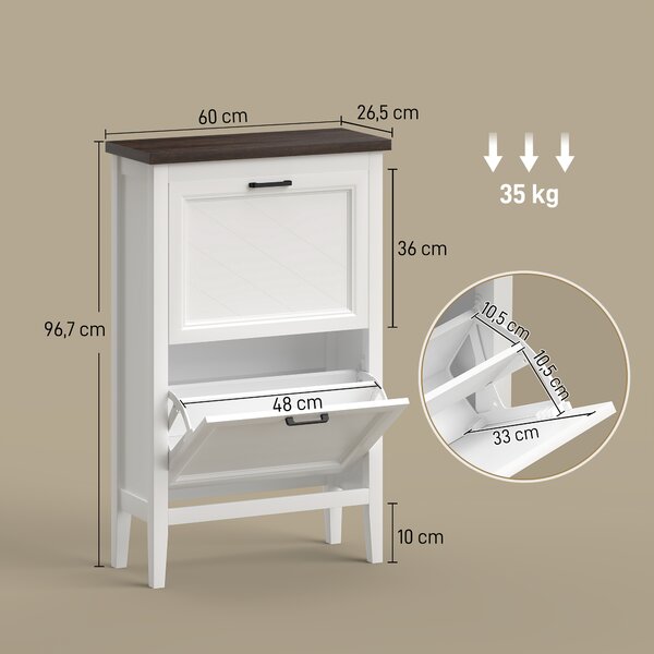 HOMCOM Scarpiera Country con 2 Cassetti Ribalta, Ripiani Regolabili, Design Bianco. | Aosom Italy