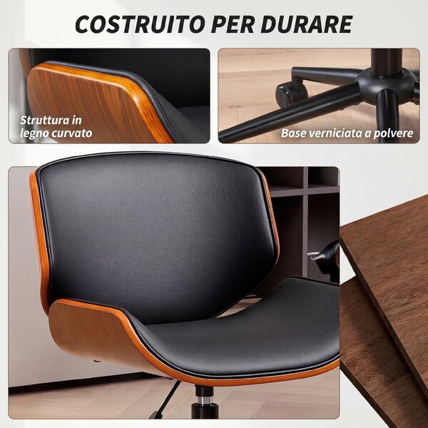 HOMCOM Sedia Scrivania Girevole in Pelle PU, Senza Braccioli con Altezza Regolabile, Stile Moderno di Metà Secolo, Nero | Aosom Italy