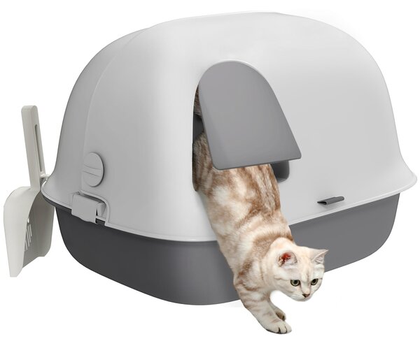 Lettiera per Gatti Chiusa 58x46x39 cm con Gattaiola e Paletta in PP Grigio Chiaro e Bianco