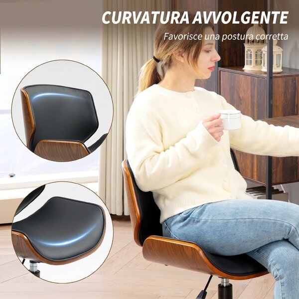 HOMCOM Sedia Scrivania Girevole in Pelle PU, Senza Braccioli con Altezza Regolabile, Stile Moderno di Metà Secolo, Nero | Aosom Italy