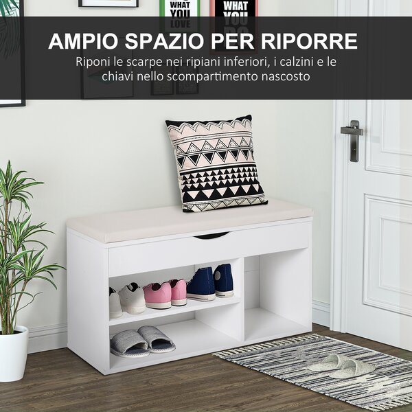 HOMCOM Scarpiera Panca con Sedile Imbottito Ribaltabile da Ingresso Legno 80x30x47cm Bianco|Aosom