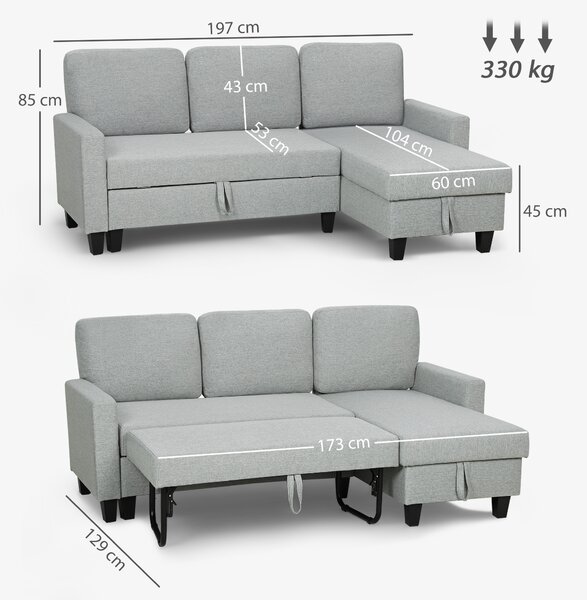 HOMCOM Divano Letto Contenitore 3 Posti in Tessuto Effetto Lino, Grigio e Nero | Aosom Italy