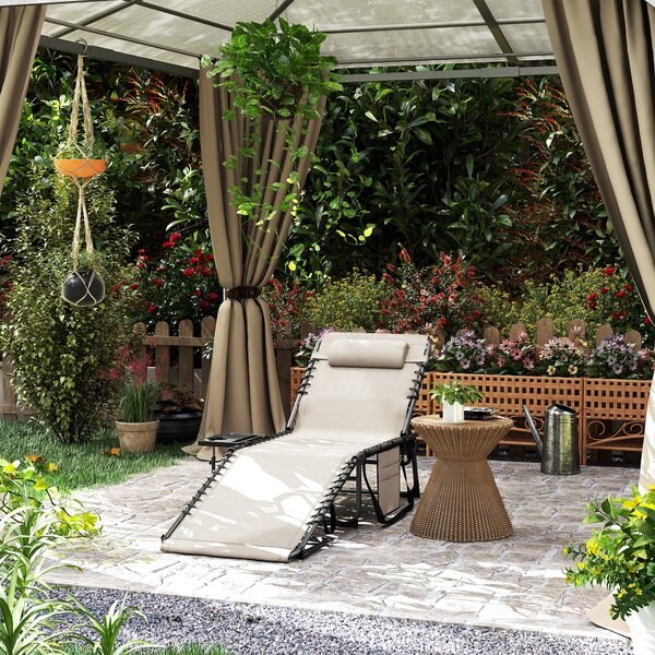 Sdraio da Giardino Pieghevole 60x190x31 cm Reclinabile a 5 Livelli con Tavolino Laterale e Tasca Crema