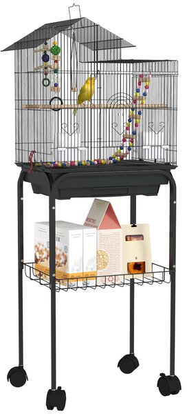Gabbia per Uccelli con Piedistallo 46x36x120 cm Ruote Girevoli Ripiano e Accessori Nero