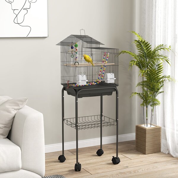 Gabbia per Uccelli con Piedistallo 46x36x120 cm Ruote Girevoli Ripiano e Accessori Nero