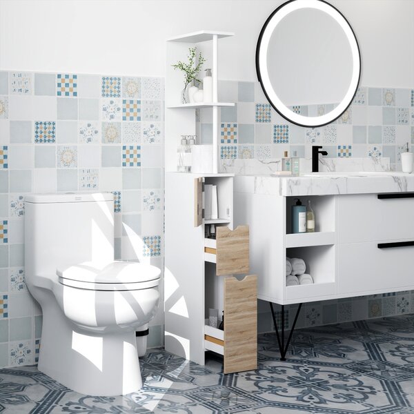 Mobile Colonna Bagno Salvaspazio 15x33x136 cm con Armadietto e Ripiani Legno e Bianco