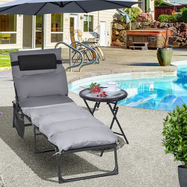 Lettino Prendisole da Giardino Pieghevole 58x189x32,5 cm con Cuscino e Tasca Laterale Grigio Chiaro