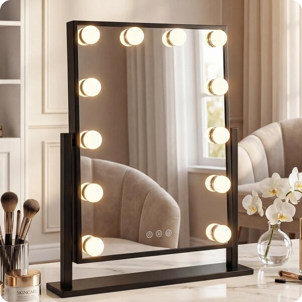 Specchio da Trucco Hollywood Nero 47x36 cm - Specchio Make-Up 12 LED Luce Regolabile con Specchietto Ingranditore 10X