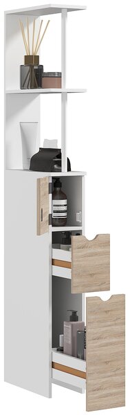 Mobile Colonna Bagno Salvaspazio 15x33x136 cm con Armadietto e Ripiani Legno e Bianco