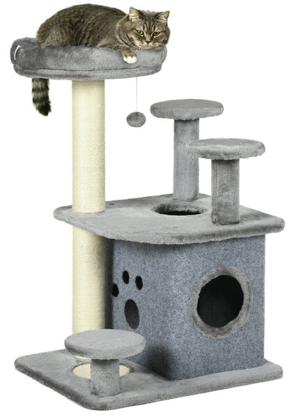 Tiragraffi per Gatti Albero con Lettino e Casetta 60x48x92 cm in Sisal e Peluche Grigio