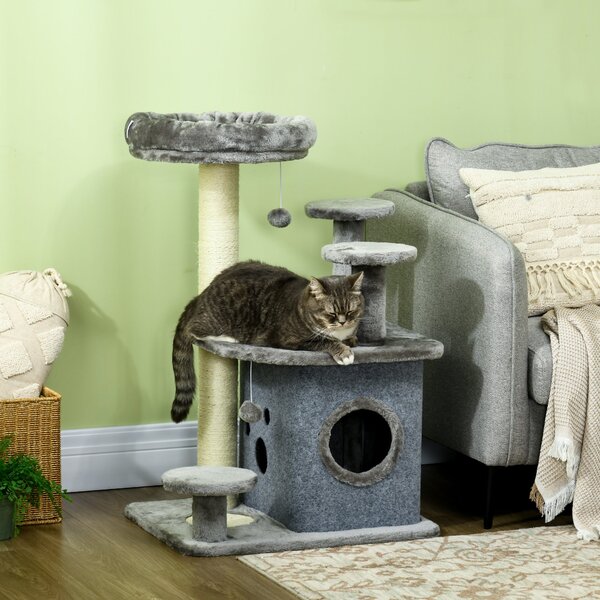Tiragraffi per Gatti Albero con Lettino e Casetta 60x48x92 cm in Sisal e Peluche Grigio